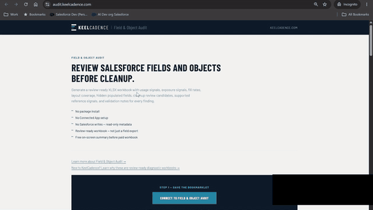 Animation showing the KeelCadence bookmarklet being dragged to the browser bookmarks bar.