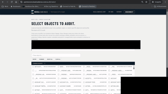 Animation showing the Permission & FLS Audit diagnostic being configured, run, and completed.